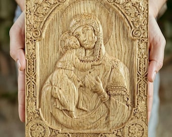 Carved Oak Virgin Mary Icon: Holy Mother of God