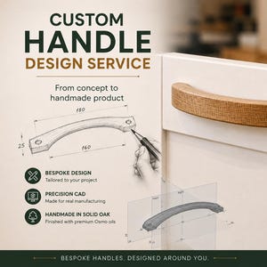 May include: An advertisement for a custom handle design service, featuring a wooden handle on a white cabinet. The image includes a sketch with dimensions (18cm x 2.5cm x 16cm), and text: "BESPOKE HANDLES. DESIGNED AROUND YOU."