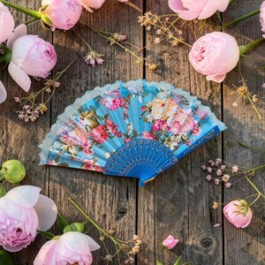 Hand Fans Rose Flower FLOWER_Blue