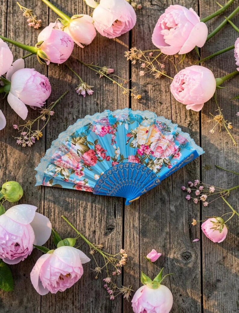 Hand Fans Rose Flower FLOWER_Blue