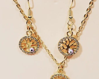 Evil Eye and Tree of Life Set of Earrings & Necklace