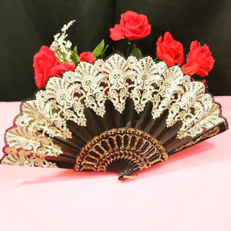 Hand Fans Rose Flower Black