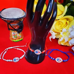 Adjustable Beaded Puerto Rico Flag with white stones Bracelets