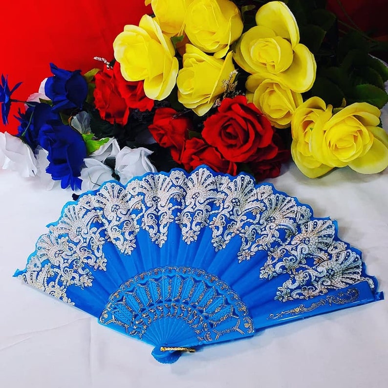 Hand Fans Rose Flower Blue