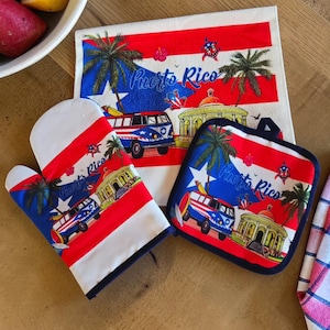 Grytlappar Set Puerto Ricos Flagga (Värmeplatta, Ugnsvantar och Kökshandduk)
