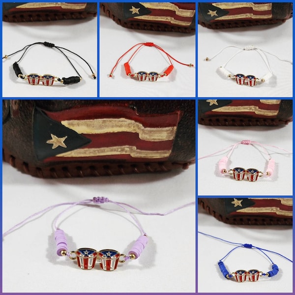 Puerto Rico Bongo Congo Congas Drums Flag Adjustable Beaded Bracelets