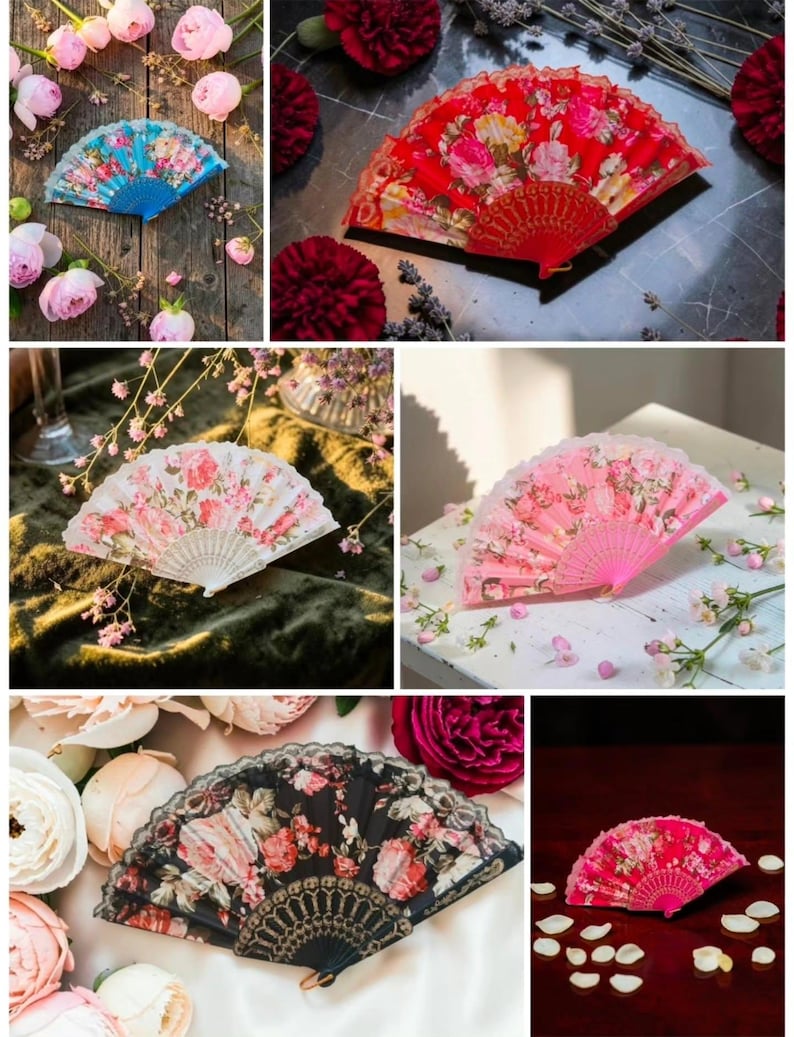 May include: A collection of six folding hand fans featuring floral patterns in blue, red, white, pink, and black. Each fan displays a distinct color scheme with intricate rose motifs and matching plastic or lace frames, presented in various settings.