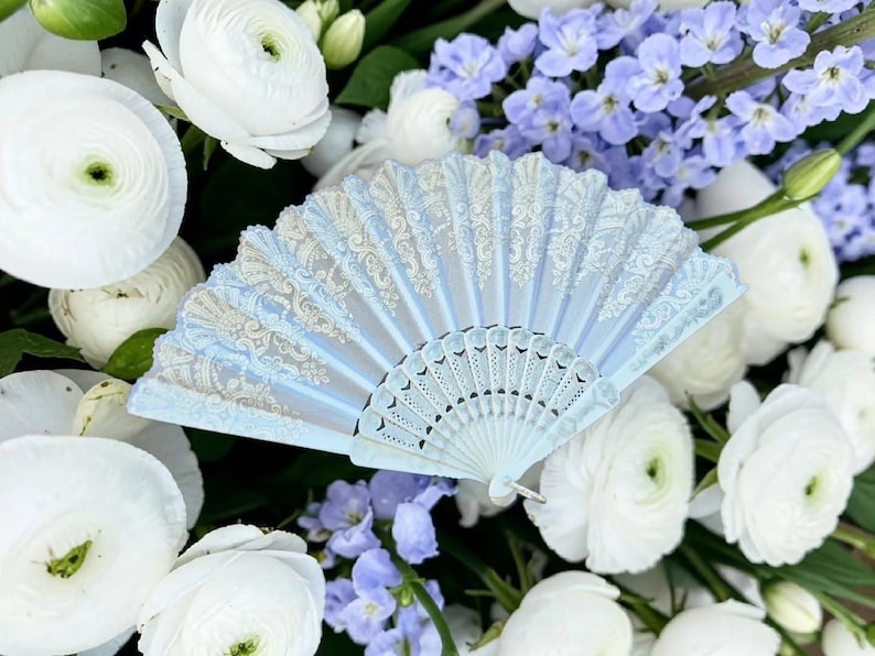 May include: A light blue folding hand fan featuring an intricate white lace pattern across the fabric surface and a matching light blue plastic frame with decorative cutouts at the base, displayed in an open, semi-circular position.