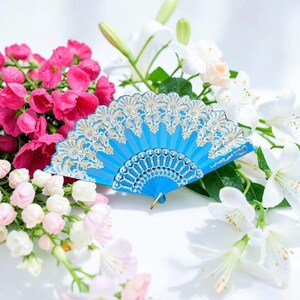Hand Fans Rose Flower TEAL