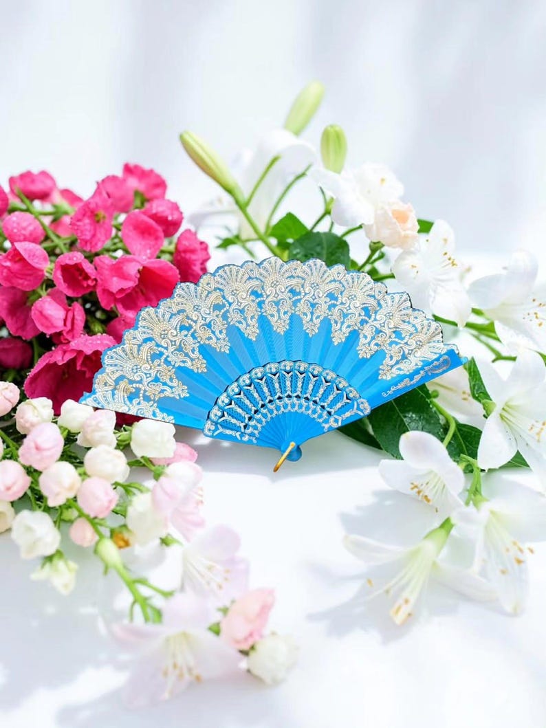 Hand Fans Rose Flower TEAL