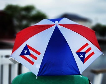 Sombrero con sombrilla y bandera de Puerto Rico, protección contra el sol y la lluvia