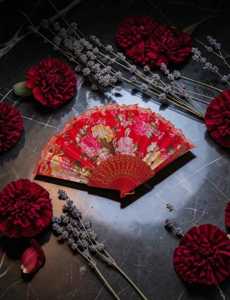 Hand Fans Rose Flower FLOWER_Red