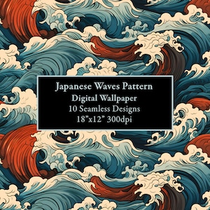 May include: A digital wallpaper pattern featuring a repeating design of blue and red Japanese waves. The text "Japanese Waves Pattern Digital Wallpaper 10 Seamless Designs 18" x 12" 300dpi" is displayed in a black rectangle.