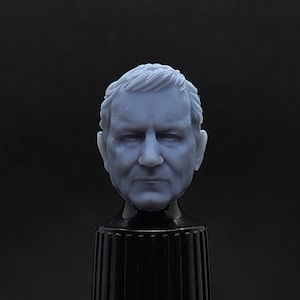 May include: A 3D printed head sculpt of a man with short, gray hair. The head is painted a light blue color and is mounted on a black stand.
