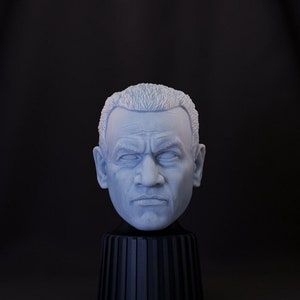 May include: A white plaster bust of a man's head with short, gray hair. The bust is on a black pedestal with a fluted design.