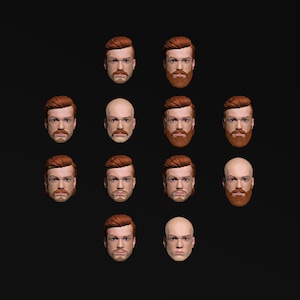 Può includere: Una griglia di 12 teste di uomini con i capelli rossi, alcune con la barba, altre senza. Le teste sono disposte in una griglia 4x3 su uno sfondo nero.