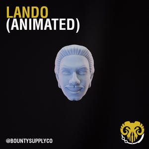 May include: A pale blue bust of a man with a moustache and styled hair, set against a black backdrop. The text "LANDO (ANIMATED)" is at the top, with "@BOUNTYSUPPLYCO" at the bottom.