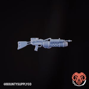 May include: A light blue miniature blaster rifle with a stock, a trigger, and a barrel featuring a perforated cylindrical shroud. The object is displayed against a black background with the text @BOUNTYSUPPLYCO visible in the bottom left corner.