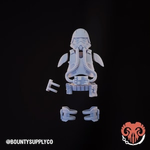 May include: A light gray, unpainted resin model kit of a sci-fi trooper figure, featuring a helmet with a breathing apparatus, chest armor with connected hoses, a utility belt, separate shoulder pieces, and leg armor components on a black background.