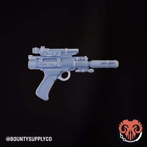 May include: A light blue, 3D-printed blaster pistol with a scope and a cylindrical barrel. The pistol has a grip, trigger, and various mechanical details. The text "@BOUNTYSUPPLYCO" is at the bottom left.