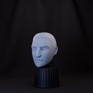 May include: A white plaster bust of a person's head on a black pedestal. The bust is a simple representation of a person's head with no details.