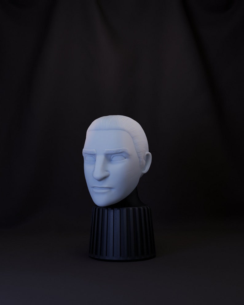 May include: A white plaster bust of a person's head on a black pedestal. The bust is a simple representation of a person's head with no details.