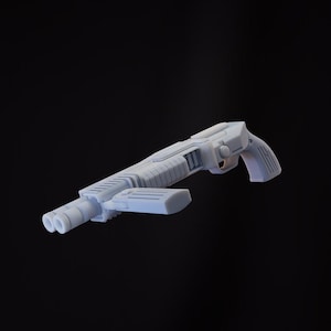 May include: A white plastic toy gun with a futuristic design. The gun has a barrel with two openings and a handle with a trigger.