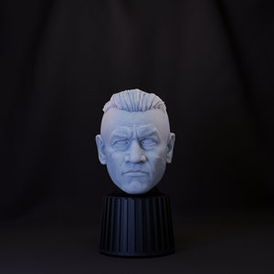 May include: A white plaster bust of a man with a short, spiky hairstyle. The bust is on a black pedestal with a fluted design.