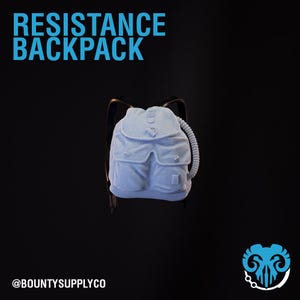 May include: A light blue backpack with the text "RESISTANCE BACKPACK" in blue. The backpack has two front pockets and a side tube. The @BOUNTYSUPPLYCO logo is in the bottom right corner.