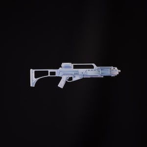 May include: A white plastic toy rifle with a black barrel and a scope. The rifle has a black handle and a black trigger.