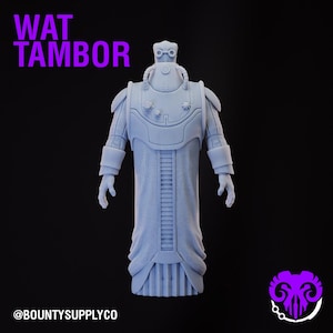 May include: A 3D printed model of Wat Tambor, a character from the Star Wars universe. The model is painted in a light gray color and features intricate details, including a helmet, a long robe, and a belt. The model is standing on a black background.