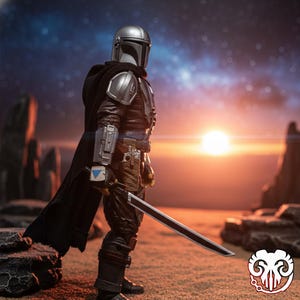 May include: An action figure of a character from the Star Wars universe, with a silver helmet and armour, a black cape, and a black sword. The figure is set against a sunset backdrop on a sandy surface.