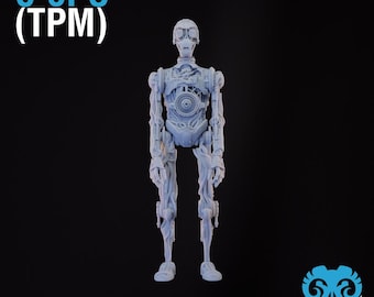 May include: A light blue C-3PO (TPM) figurine stands against a black background. The figurine is a detailed representation of the iconic Star Wars character, with visible mechanical components. The text "C-3PO (TPM)" is at the top left.