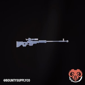 May include: A light blue sniper rifle with a scope, set against a black background. The rifle has a long barrel and a detailed design. The text "@BOUNTYSUPPLYCO" is at the bottom left.