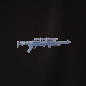 May include: A light blue toy blaster rifle with a scope and other attachments. The toy gun is set against a black background. The rifle has a handle, trigger, and a long barrel.
