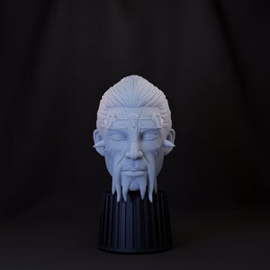 May include: A white 3D printed bust of a person with a long white beard and a detailed face. The bust is on a black pedestal.