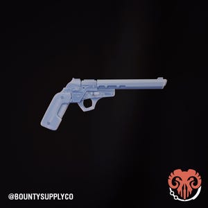May include: A light blue, futuristic-style handgun with a long barrel and detailed design. The gun is set against a black background. The text "@BOUNTYSUPPLYCO" is visible at the bottom left.