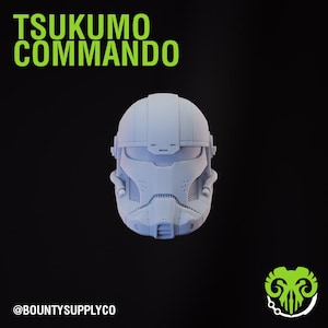 May include: A light blue Tsukumo Commando helmet, with the text "TSUKUMO COMMANDO" in green. The helmet has a detailed design with a visor, vents, and a chin piece. The Bounty Supply Co. logo is in the bottom right corner.