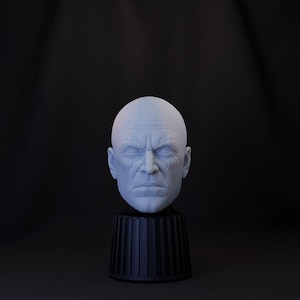 May include: A white bust sculpture of a bald man with a serious expression. The sculpture is on a black pedestal with a fluted design.