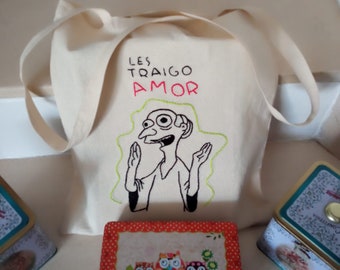 Bolsa de tela bordada a mano "os traigo amor" / Handmade tote bag The Simpsons meme