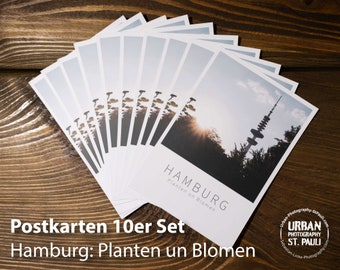 10er Set Hamburg Postkarten: Planten un Blomen mit Fernsehturm