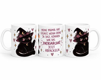 Witchy Katzen Tasse „Patriarchat abfackeln“ | Schwarze Katze mit Hexenhut | Feministische Tasse | Geschenk für Frauen | Feminismus Mug