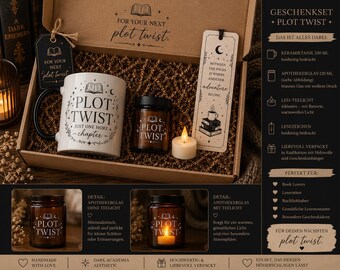Plot Twist Geschenkset – Tasse, Apothekerglas, Lesezeichen & LED-Teelicht | Book Lover Geschenk | Dark Academia | BookTok Geschenk