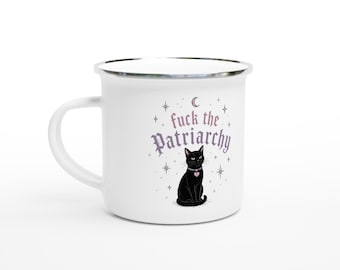 Mok met de tekst "Fuck the Patriarchy" – Feministische zwarte kat emaille mok, heksenachtige koffiemok, vrouwelijk woedend cadeau, gotische kawaii mok