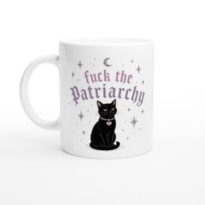 F*ck The Patriarchy Mug – Feminist Black Cat Enamel Cup, Witchy Coffee Mug, Feminine Rage Gift, Gothic Kawaii Tasse