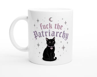 F*ck The Patriarchy Mug – Feminist Black Cat Enamel Cup, Witchy Coffee Mug, Feminine Rage Gift, Gothic Kawaii Tasse