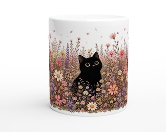 Schwarze Katze Blumenwiese Tasse | Cottagecore Katzenbecher | Floral Cat Mug | Geschenk für Katzenliebhaber | Wildblumen Tass