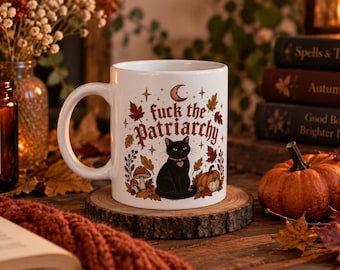 F*ck The Patriarchy Mug – Feminist Black Cat Enamel Cup, Witchy Coffee Mug, Feminine Rage Gift, Gothic Kawaii Tasse