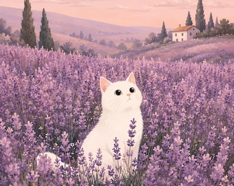 White Cat Lavender Field Art Print | Cottagecore Cat Wall Art | Cute Cat Illustration | A4 Print or Postcard | Bookish Room Decor