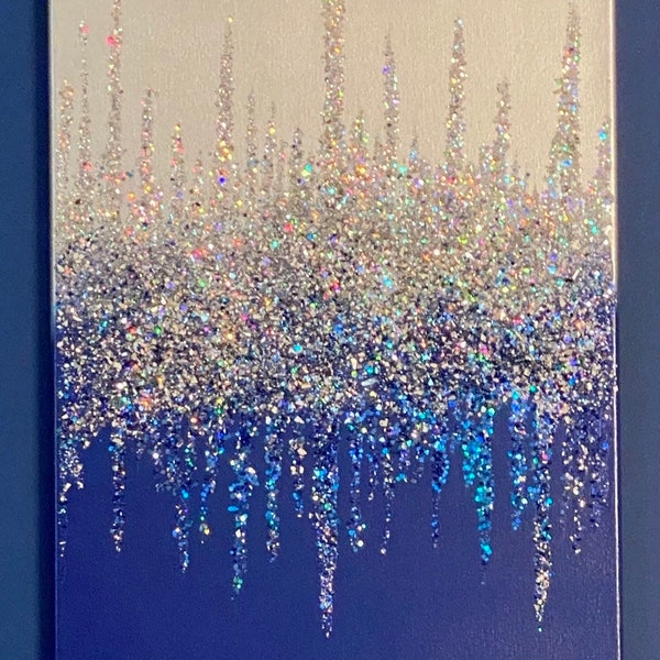 Handcrafted, Original, Luxury Bling Painting, Glitter Painting on Canvas, Wall Art, Glass, Glitter, Cobalt Blue, Dark Blue, Silver